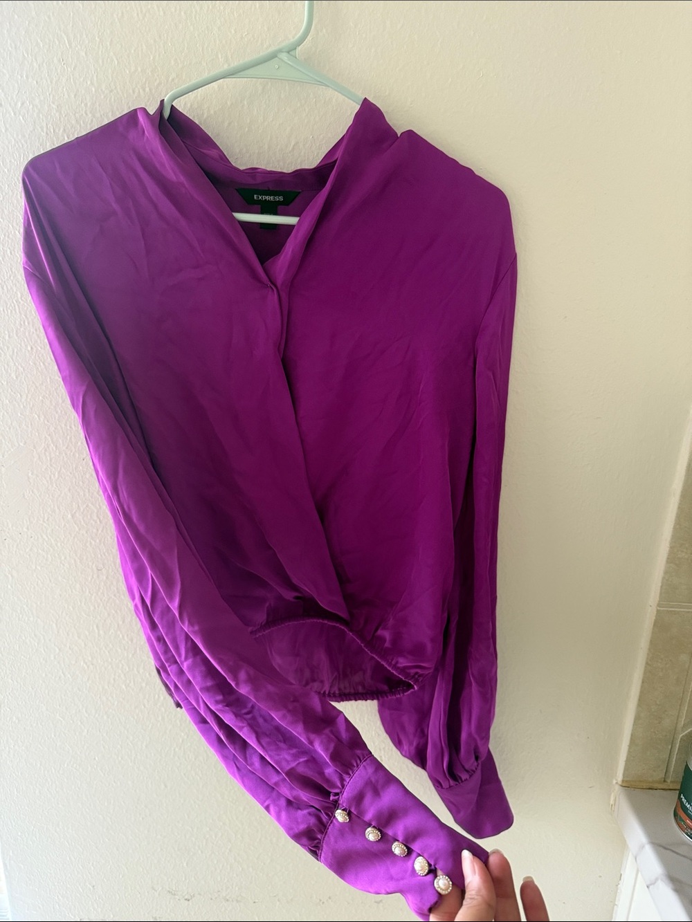 Express Satin Twist-Front Blouse in Vibrant Purple